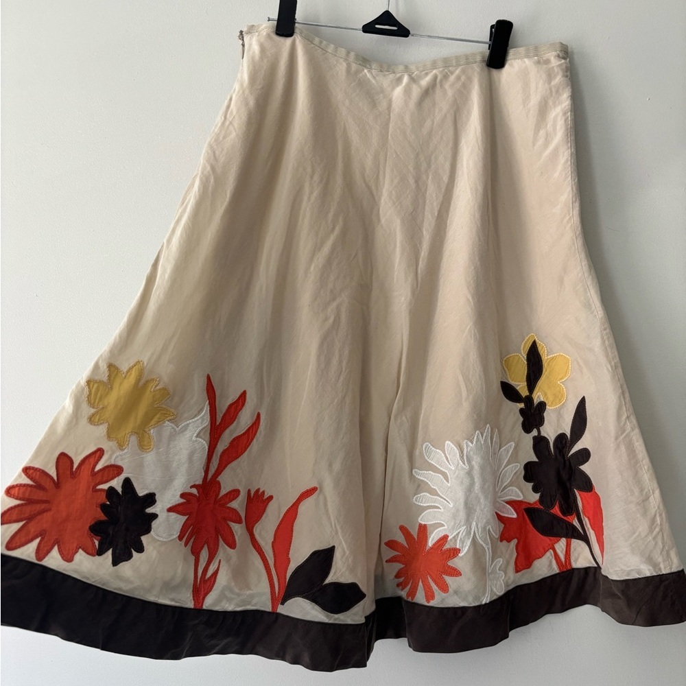 Y2K Cottagecore Tan Brown Floral Silk Fairycore Boho Midi Cotton Skirt Med Large - Picture 4 of 7